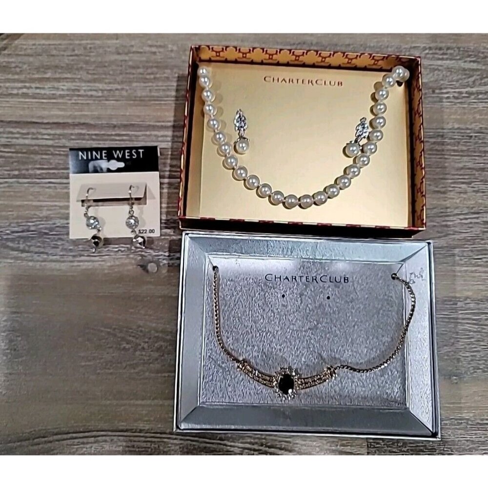 Charter Club & Nine West 2 Necklaces Ruby Pearl & 2 Earrings Pearl Crystal New - Picture 2 of 13